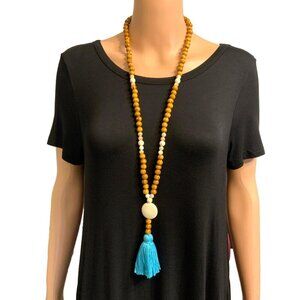 Bohemian Long Wooden Bead Necklace With Blue Tassel & Stone Pendant